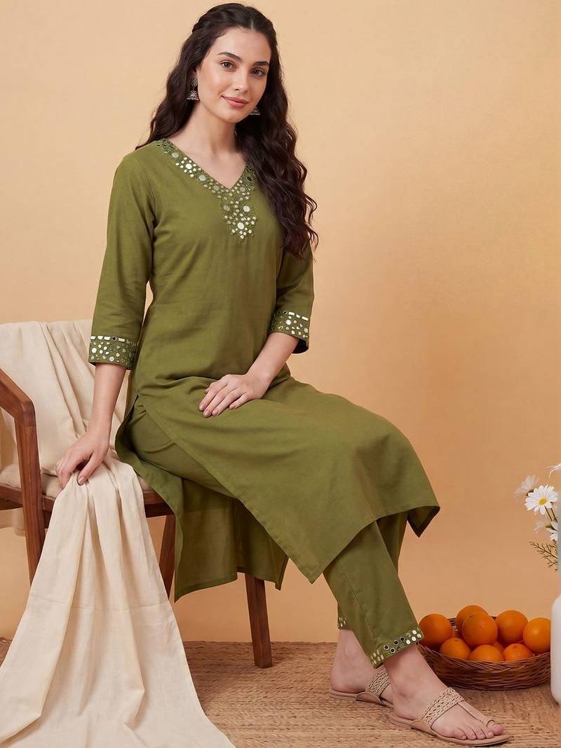 Women Mirror Work Kurta with Trousers