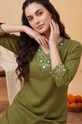 Women Mirror Work Kurta with Trousers