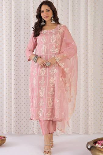 Women Ethnic Motifs Embroidered Thread Work Kurta with Trousers & With Dupatta