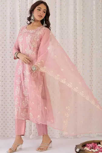 Women Ethnic Motifs Embroidered Thread Work Kurta with Trousers & With Dupatta
