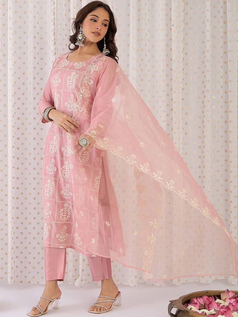 Women Ethnic Motifs Embroidered Thread Work Kurta with Trousers & With Dupatta