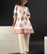 Women Floral Printed Pleated Cotton Kurti with Trousers