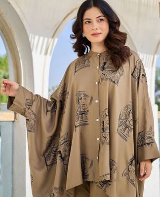 Women Ethnic Motifs Printed Band Collar Kaftan Kurta With Trouser 2