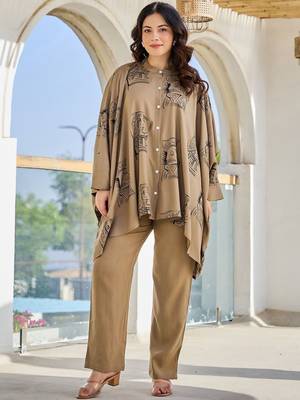 Women Ethnic Motifs Printed Band Collar Kaftan Kurta With Trouser 5