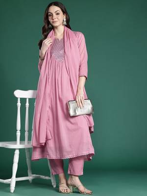 Embroidered Cotton Kurta with Trousers & Dupatta 1