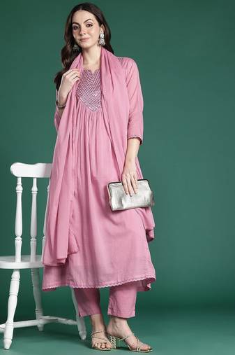 Embroidered Cotton Kurta with Trousers & Dupatta