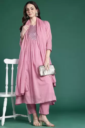 Embroidered Cotton Kurta with Trousers & Dupatta