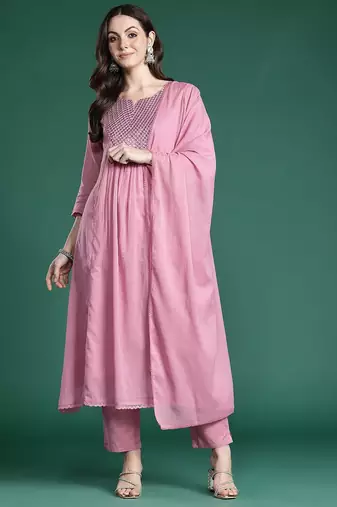 Embroidered Cotton Kurta with Trousers & Dupatta