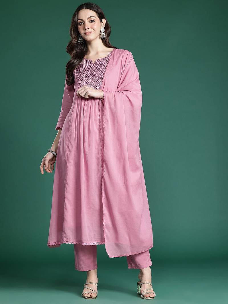 Embroidered Cotton Kurta with Trousers & Dupatta