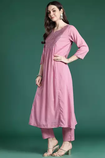 Embroidered Cotton Kurta with Trousers & Dupatta