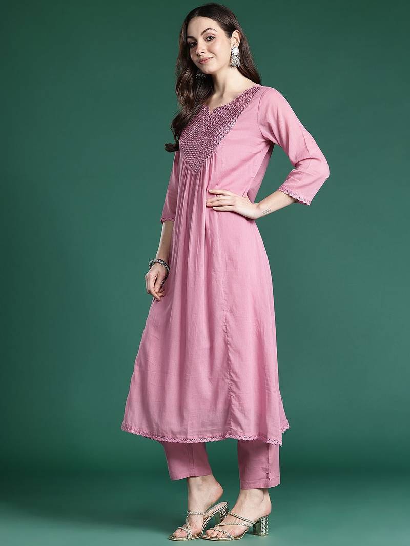 Embroidered Cotton Kurta with Trousers & Dupatta