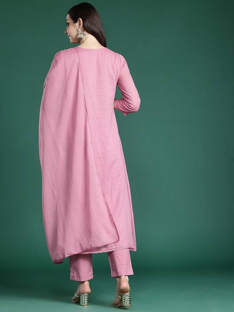 Embroidered Cotton Kurta with Trousers & Dupatta