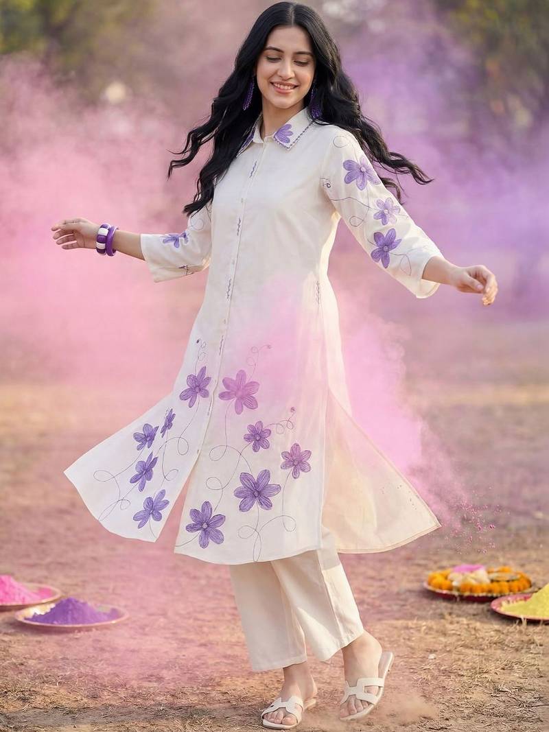 Women Floral Embroidered Thread Work Cotton Kurta with Trousers