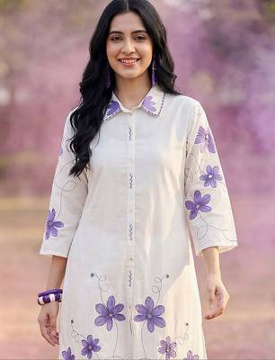 Women Floral Embroidered Thread Work Cotton Kurta with Trousers 2