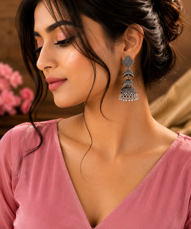 Oxidised silver look double decker jhumka's