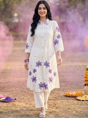 Women Floral Embroidered Thread Work Cotton Kurta with Trousers 6