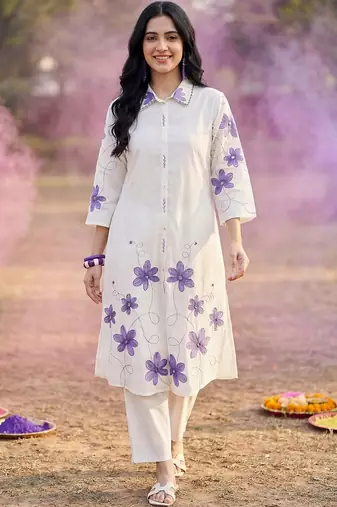 Women Floral Embroidered Thread Work Cotton Kurta with Trousers