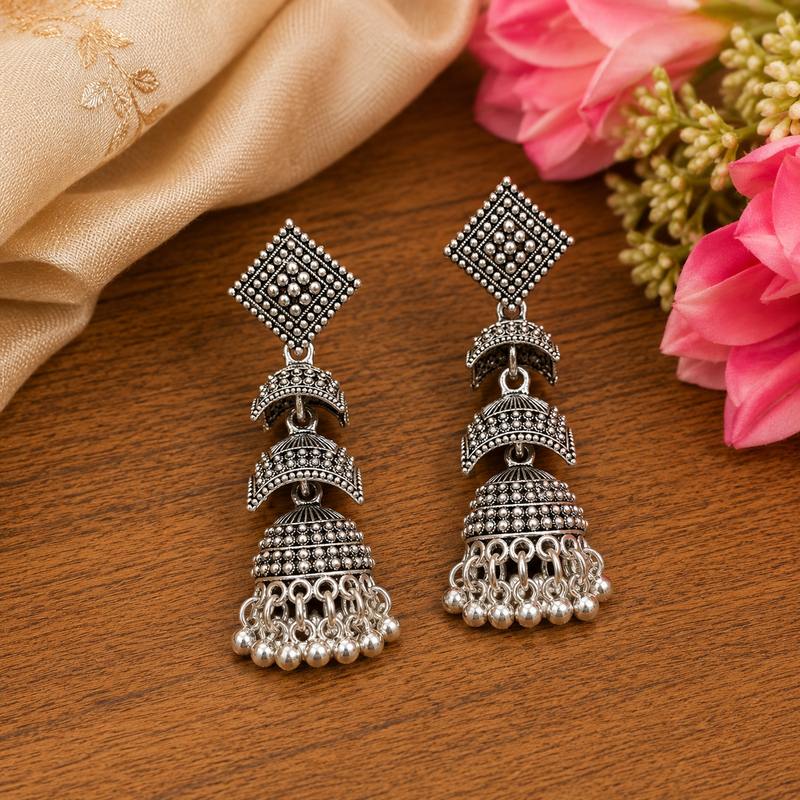 Oxidised silver look double decker jhumka's