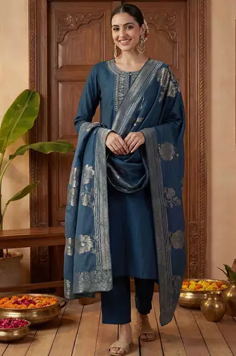 Women Ethnic Motifs Embroidered Kurta with Trousers & With Dupatta