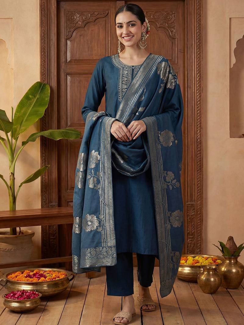 Women Ethnic Motifs Embroidered Kurta with Trousers & With Dupatta