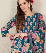 Women Floral Printed Cotton Kurta with Trousers & Dupatta