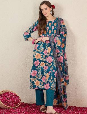 Women Floral Printed Cotton Kurta with Trousers & Dupatta 2