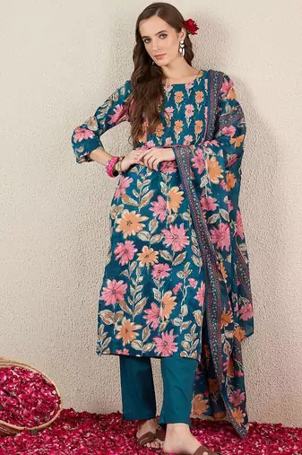 Women Floral Printed Cotton Kurta with Trousers & Dupatta