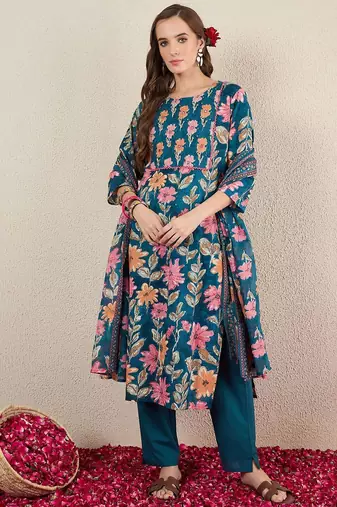 Women Floral Printed Cotton Kurta with Trousers & Dupatta