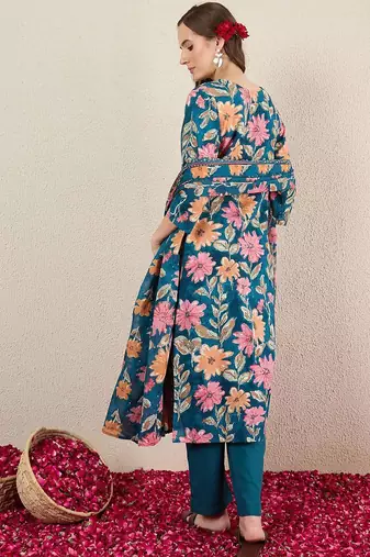 Women Floral Printed Cotton Kurta with Trousers & Dupatta