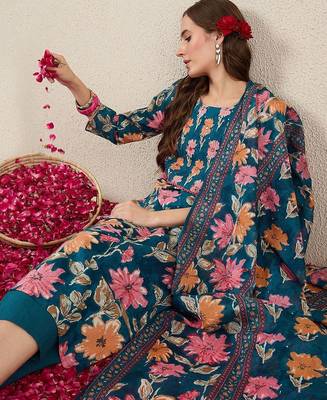 Women Floral Printed Cotton Kurta with Trousers & Dupatta 6