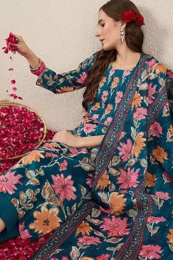 Women Floral Printed Cotton Kurta with Trousers & Dupatta