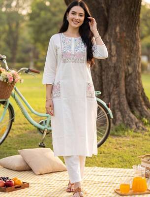 Women Floral Embroidered Regular Thread Work Pure Cotton Kurta with Trousers 5