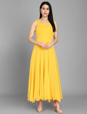 Yellow georgette long anarkali style kurti with white churidar for women 1