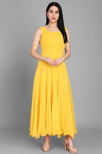 Yellow georgette long anarkali style kurti with white churidar for women