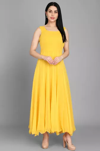 Yellow georgette long anarkali style kurti with white churidar for women