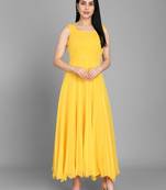Yellow georgette long anarkali style kurti with white churidar for women