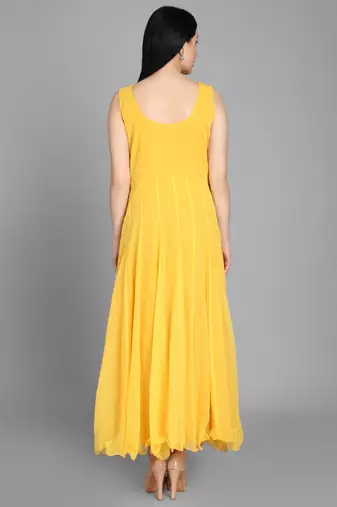 Yellow georgette long anarkali style kurti with white churidar for women