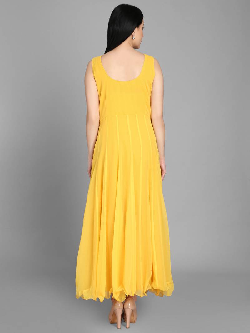 Yellow georgette long anarkali style kurti with white churidar for women