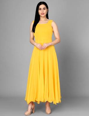 Yellow georgette long anarkali style kurti with white churidar for women 3