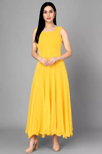 Yellow georgette long anarkali style kurti with white churidar for women