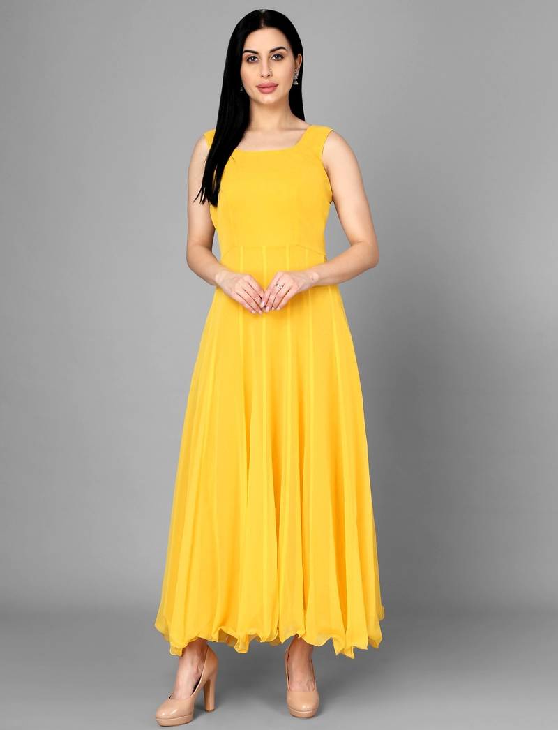 Yellow georgette long anarkali style kurti with white churidar for women