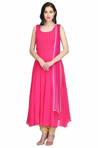 Pink georgette long anarkali style kurti with golden churidar for women