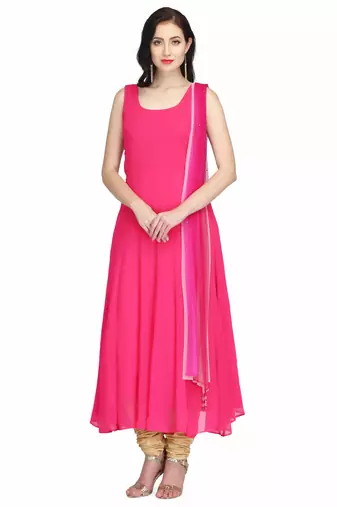Pink georgette long anarkali style kurti with golden churidar for women