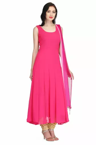 Pink georgette long anarkali style kurti with golden churidar for women