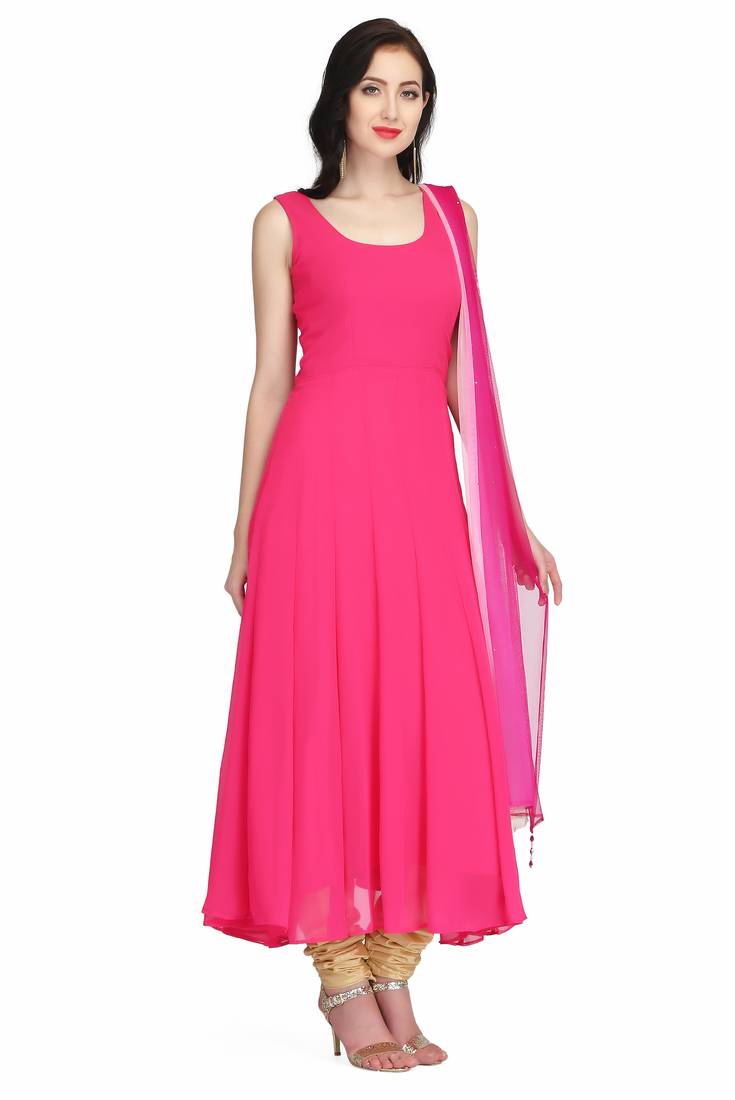 Pink georgette long anarkali style kurti with golden churidar for women
