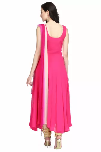 Pink georgette long anarkali style kurti with golden churidar for women