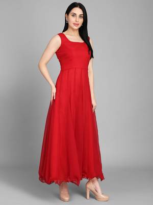 Red georgette long anarkali style kurti with golden churidar for women 1