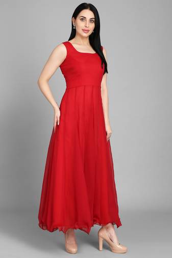Red georgette long anarkali style kurti with golden churidar for women