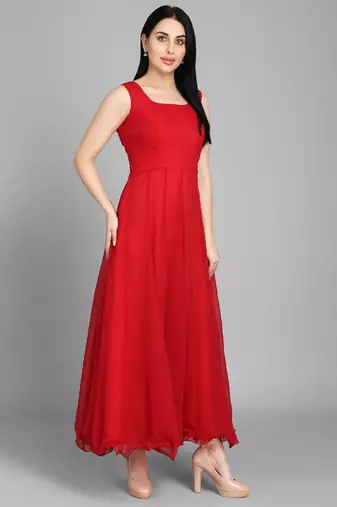 Red georgette long anarkali style kurti with golden churidar for women