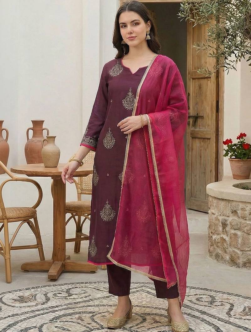 Women Ethnic Motifs Embroidered Sequinned Liva Kurta with Trousers & With Dupatta